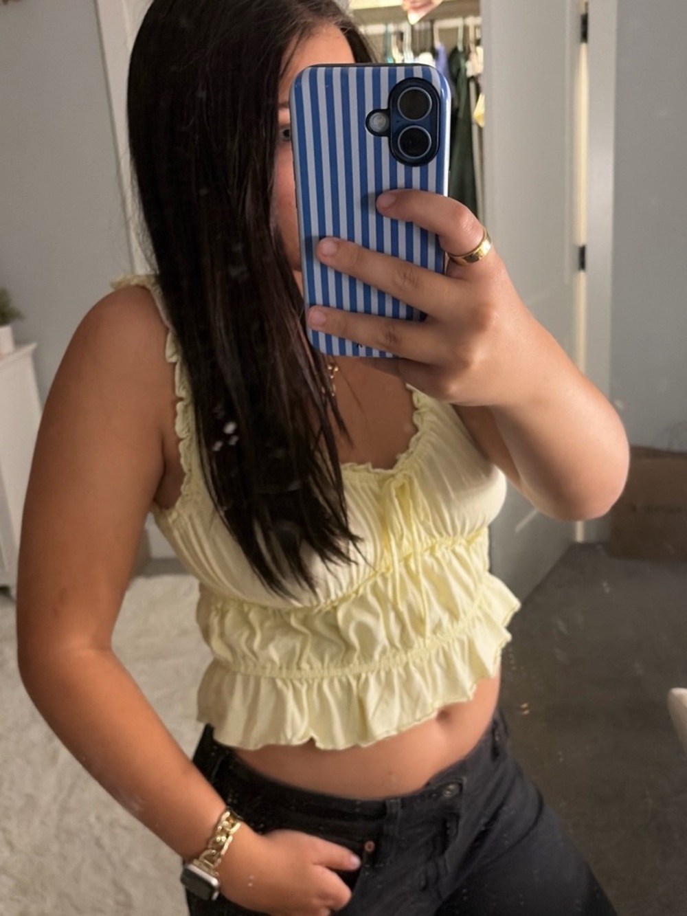 Universal Thread Pale Yellow Ruffle Crop Tank